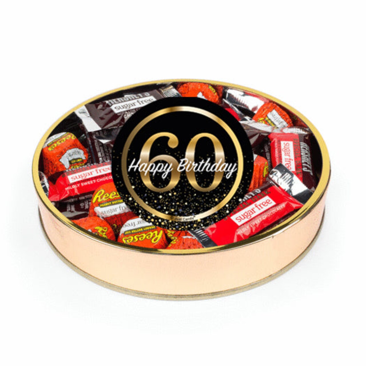 60th Birthday Sugar Free Candy Gift Tin Large Plastic Tin with Sticker and Hershey's Chocolate & Reese's Mix - By Just Candy